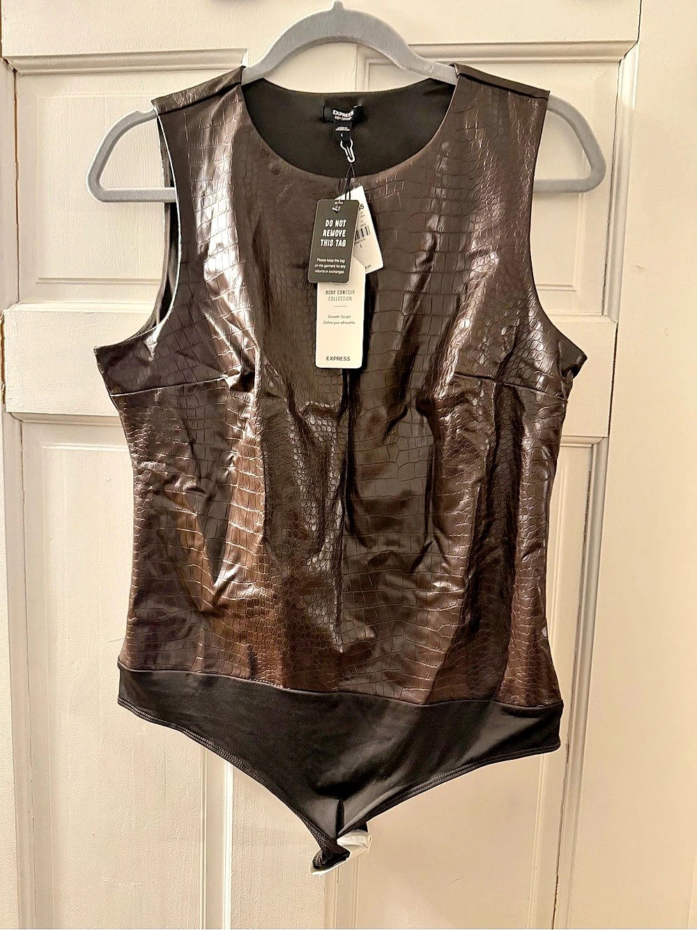 Express Body Contour Faux Leather Crew Neck Sleeveless Bodysuit Crocodile